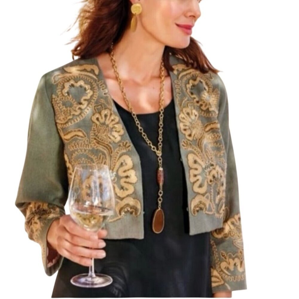 Soft Surroundings NWOT Turks Bolero Jacket Olive Gold Embroidery Beaded Size S